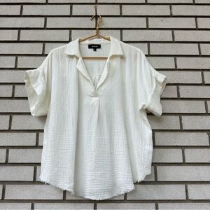 Aakaa White Cotton Gauze Collared Short Sleeve‎ Blouse Top Boho Coastal L